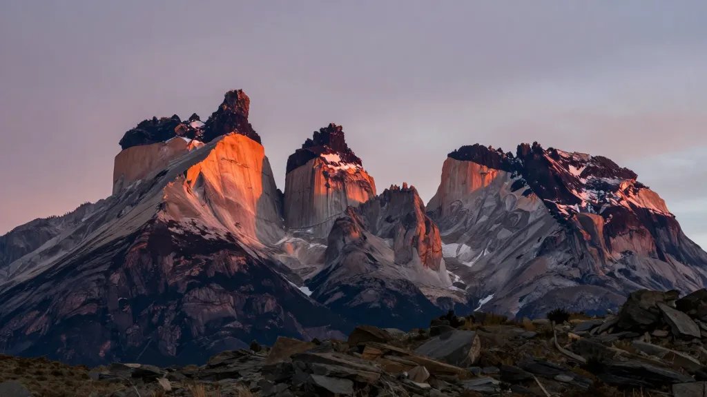 Distant view of Torres del Paine granite towers at sunset