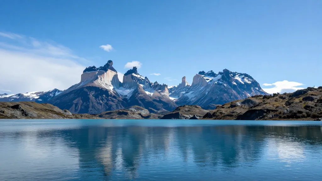 Wide-angle gaze at blue glacial lake reflecting towers, Torres del Paine
