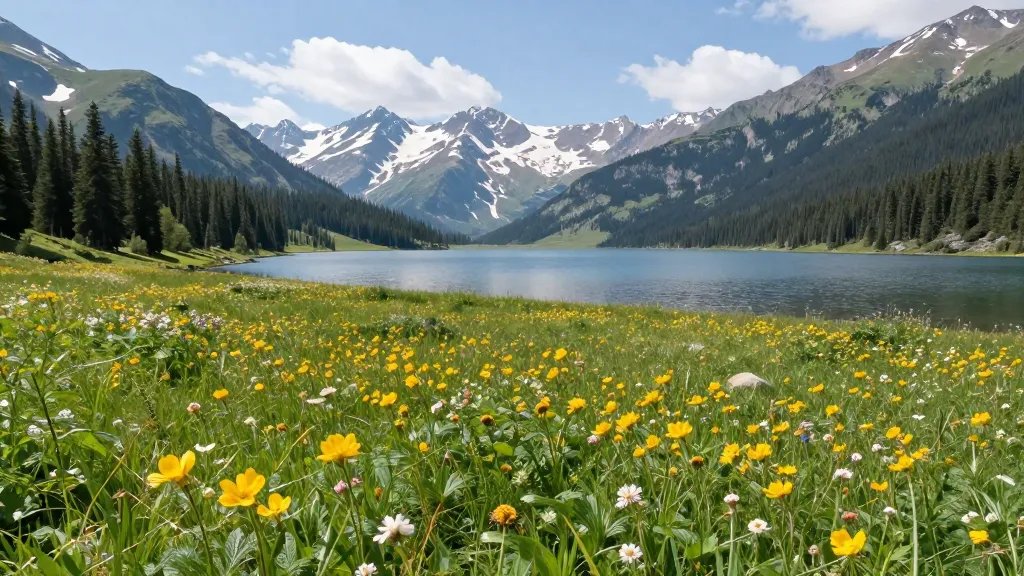 Distant alpine lake with Bear Lake Trail wildflowers glow