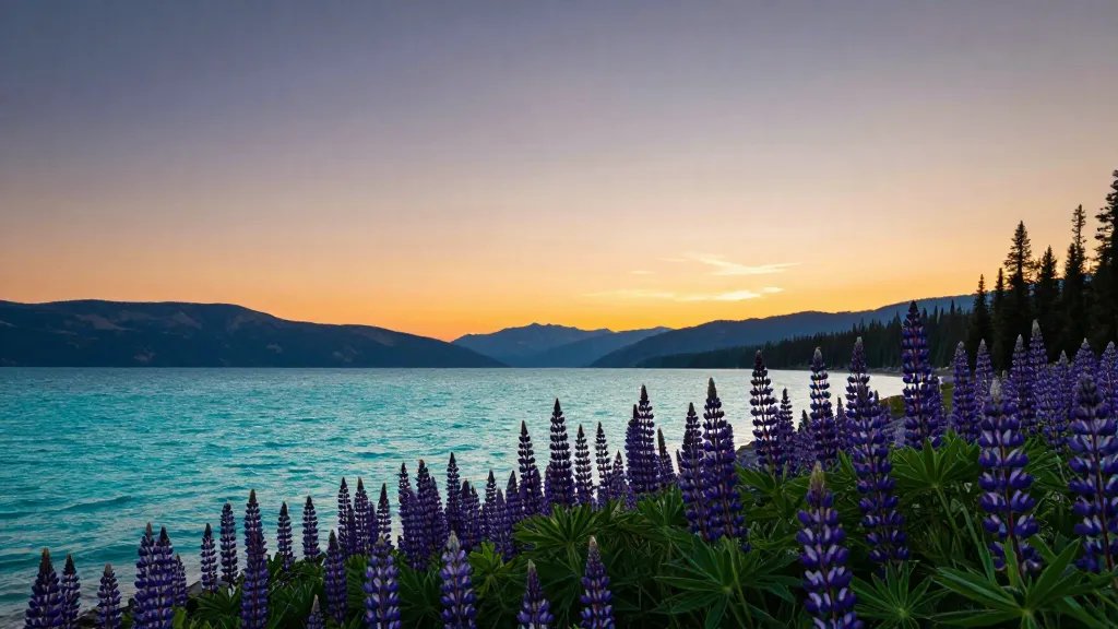Sunset over turquoise Bear Lake with purple lupine silhouette