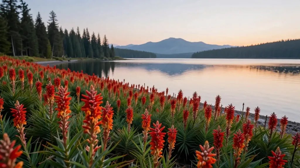 Indian paintbrush bloom along Bear Lake shoreline at dawn