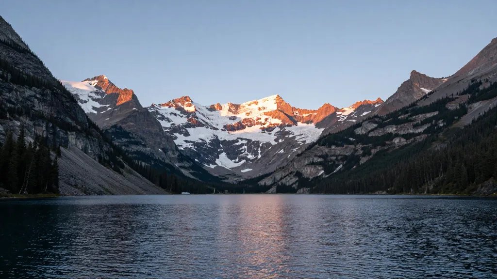 Distant alpine lake at Glacier National Park sunrise over Logan Pass