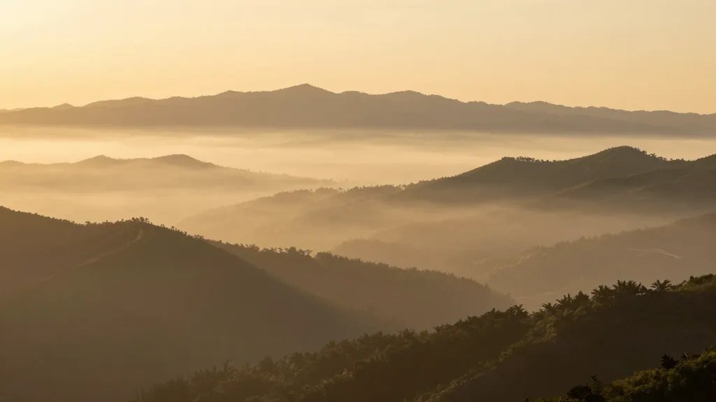 Golden-hour valley expanse with morning mist over distant ridgelines