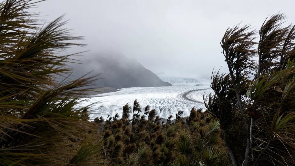 Distant Grey Glacier framed by lenga forest in Patagonian wind haze