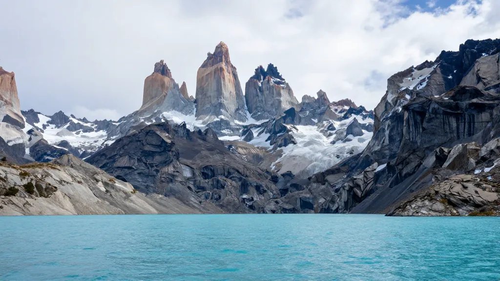 Distant view of Torres del Paine granite towers rising above turquoise lake