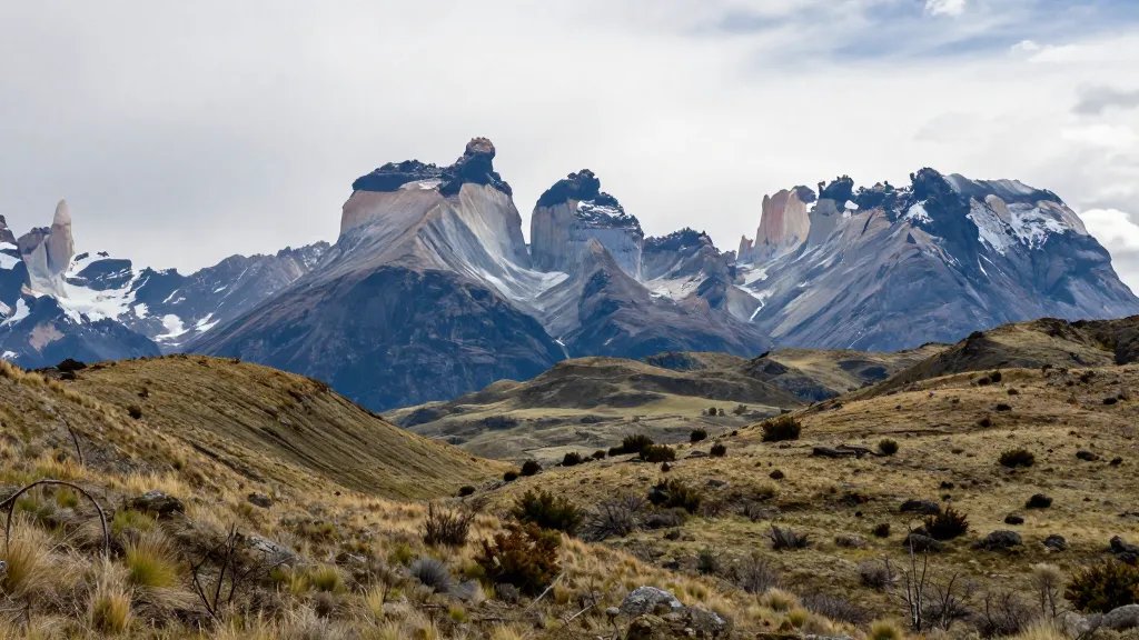 Expansive panorama of Torres del Paine with wind-raked valley and distant spires