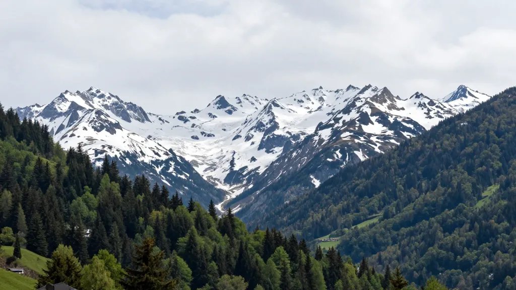 Distant alpine panorama of Swiss snowy peaks over emerald forests
