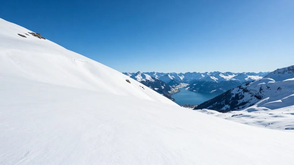 Wide shot of a lone snowy slope with distant blue lake in Switzerland