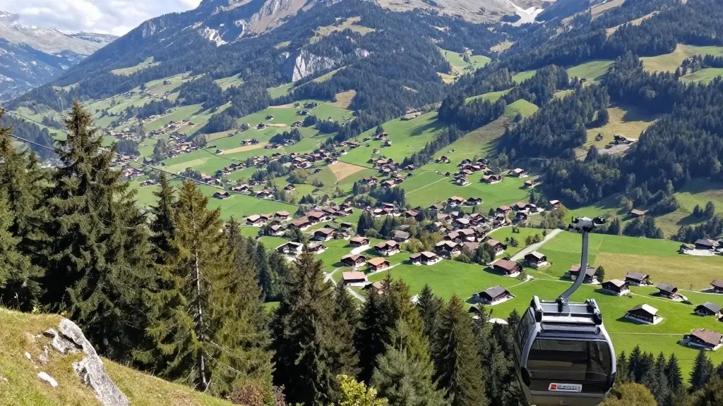 Vast valley view from a cliffside gondola framing Swiss chalets and pine forests