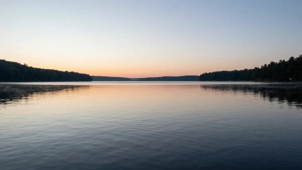 Distant dawn view of Boundary Lake Preserve with glassy water reflections