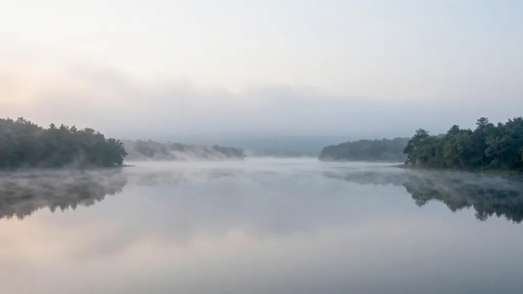 Early-morning mist over Boundary Lake Preserve’s tranquil lakescape from a high vantage point
