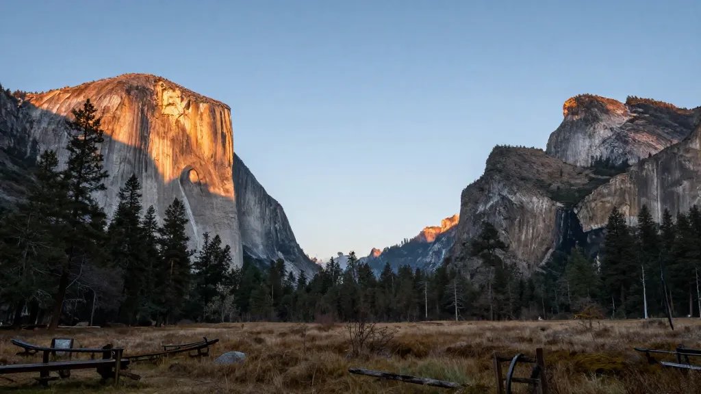 Distant dawn shot of Yosemite El Capitan from a meadow at Tuolumne