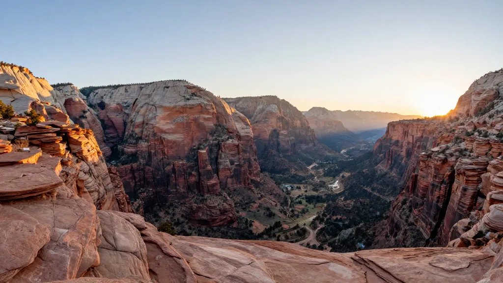 Wide-angle view of Zion Canyon Rim from Watchman overlook at sunrise