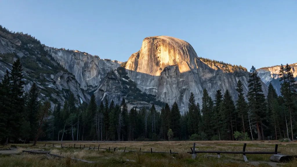 Panorama of Half Dome rising over a quiet meadow near Crane Flat, Yosemite