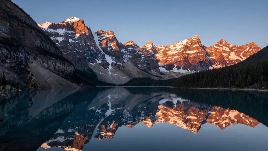 Distant shot of Moraine Lake reflecting the Valley of the Ten Peaks at sunrise