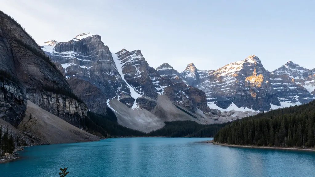 Distant panorama of Banff’s turquoise Moraine Lake with jagged peaks in soft morning light