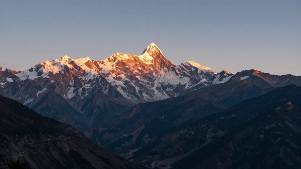 Wide, solitary view of Valley of the Ten Peaks horizon bathed in alpenglow at dawn