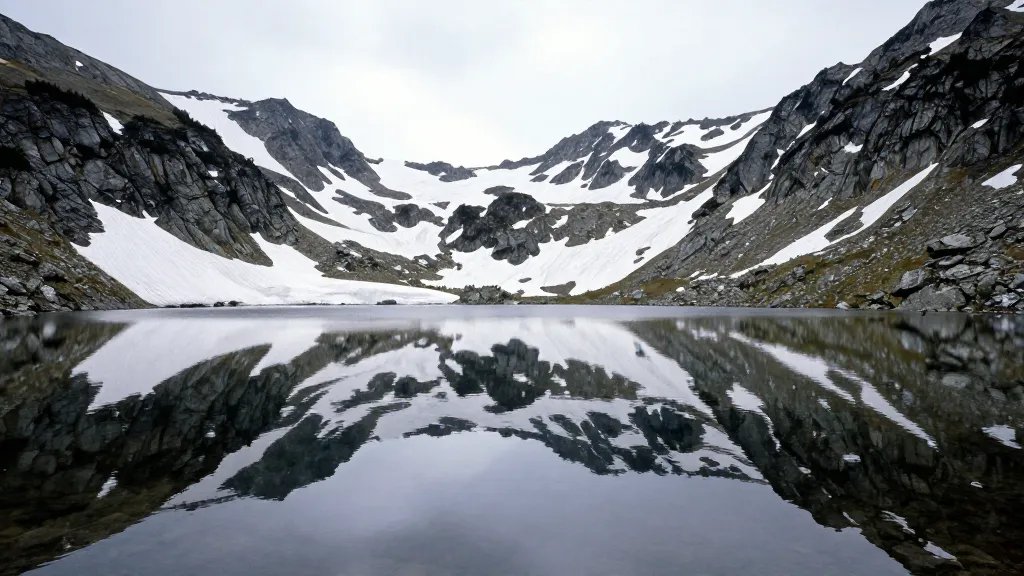 Distant alpine lake mirror reflection with snowmelt in Crested Basin landscape