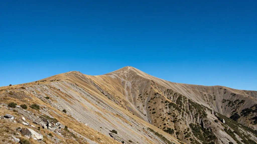 Far-off high country ridge line framed by blue sky over Crested Basin summit