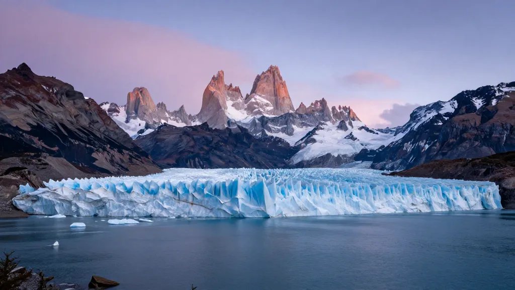 Torres del Paine glacier-fed lake with dramatic distant towers at twilight