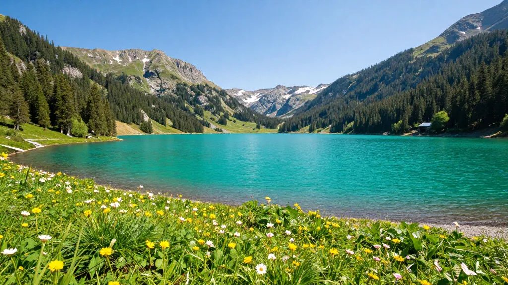 Distant view of Emerald Lake with emerald shoreline and alpine flowers
