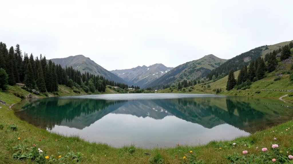 Wide-angle shot of Emerald Lake reflecting alpine meadows and distant peaks