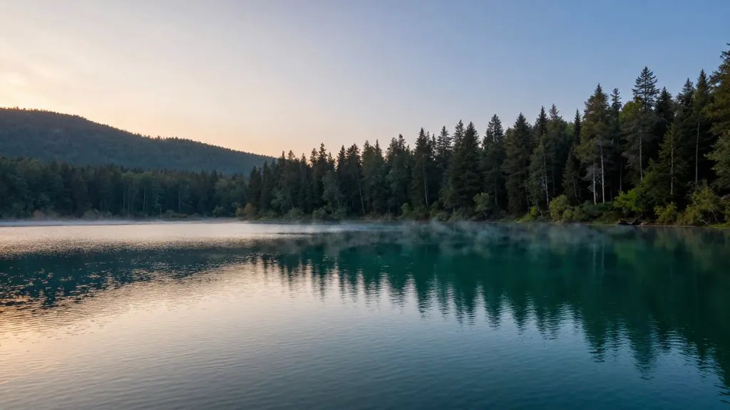 Expansive panorama of Emerald Lake at early morning glow with treeline silhouettes