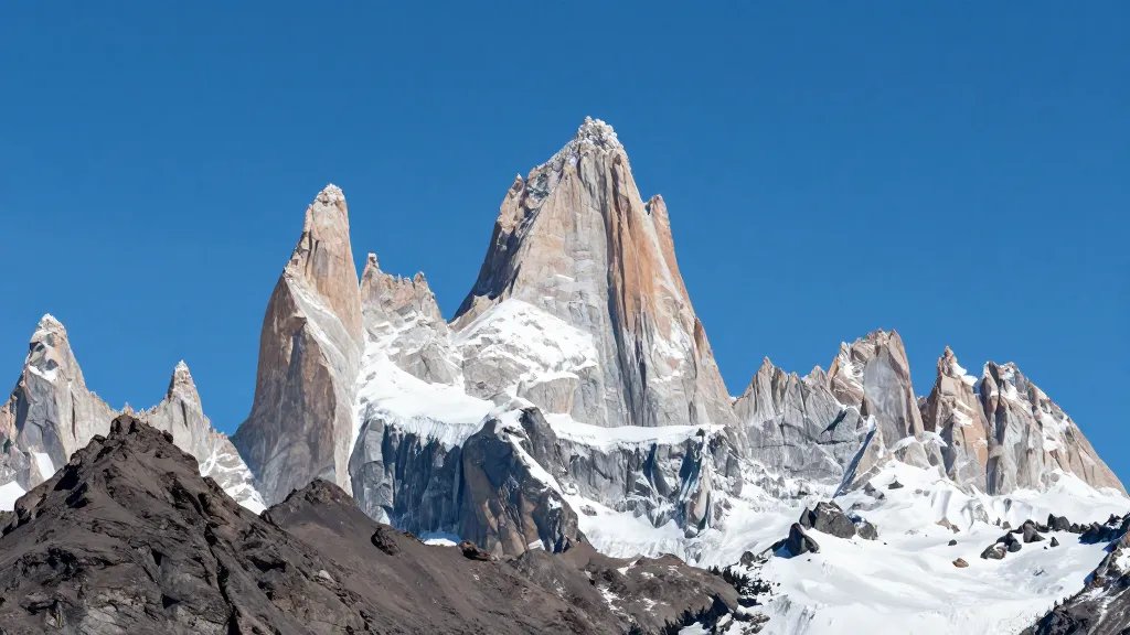 Distant view of Fitz Roy granite spires under blue sky