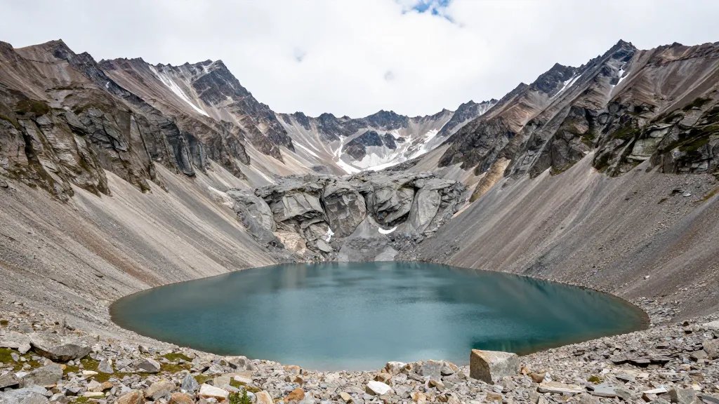 Glacier-morainé ridgelines rising beyond a lone alpine lake