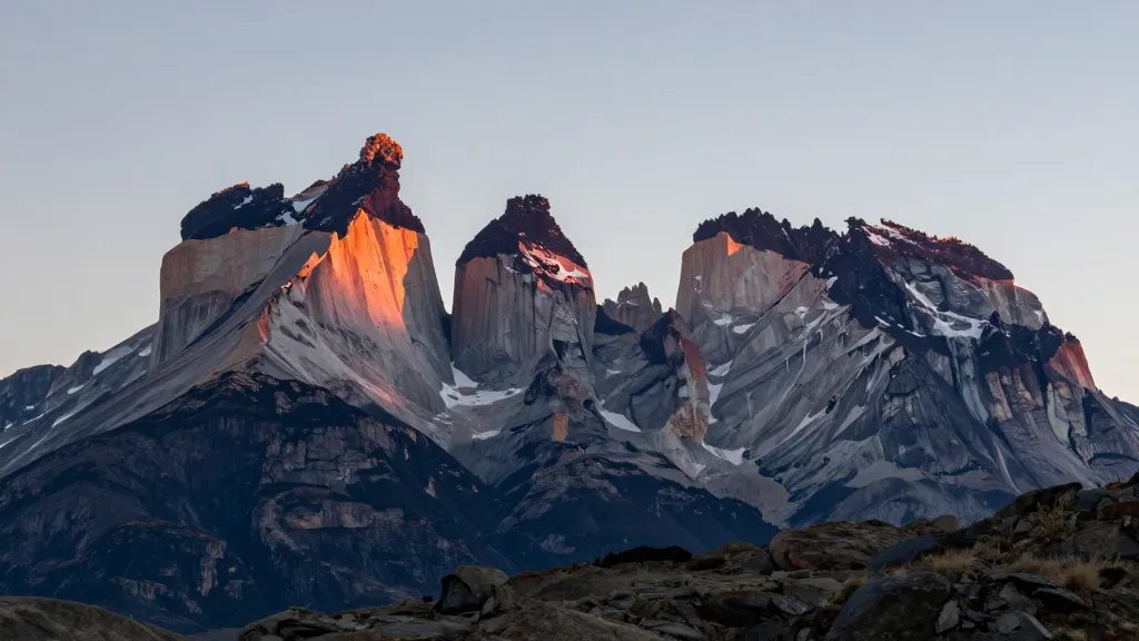 Distant view of Torres del Paine granite towers at dawn