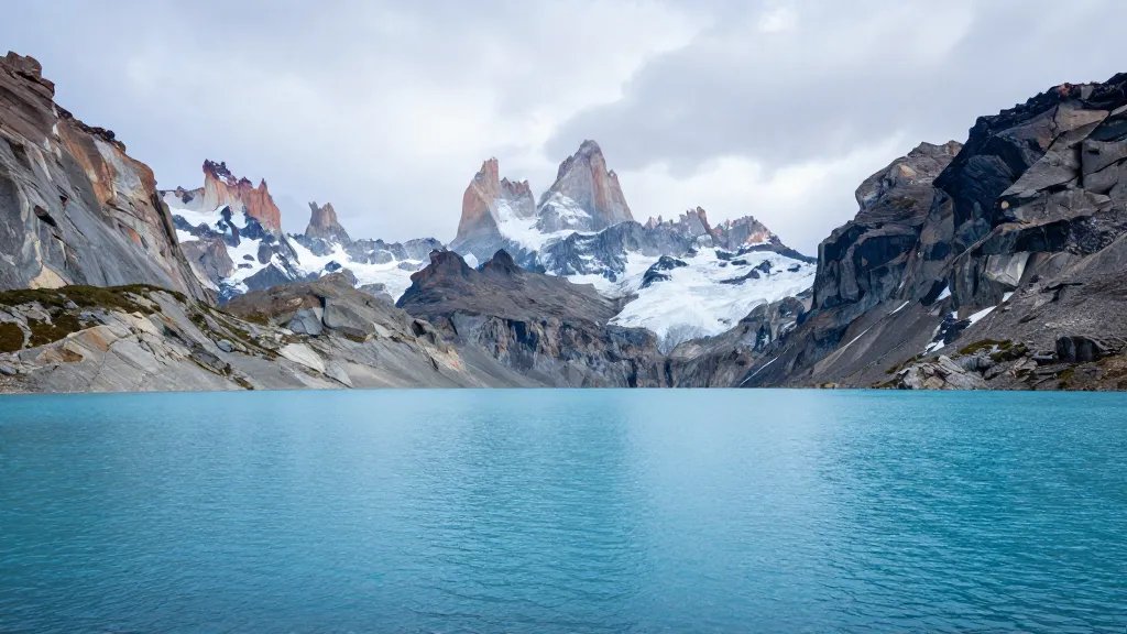 Expansive Patagonian ice-blue lake framed by distant granite sentinels