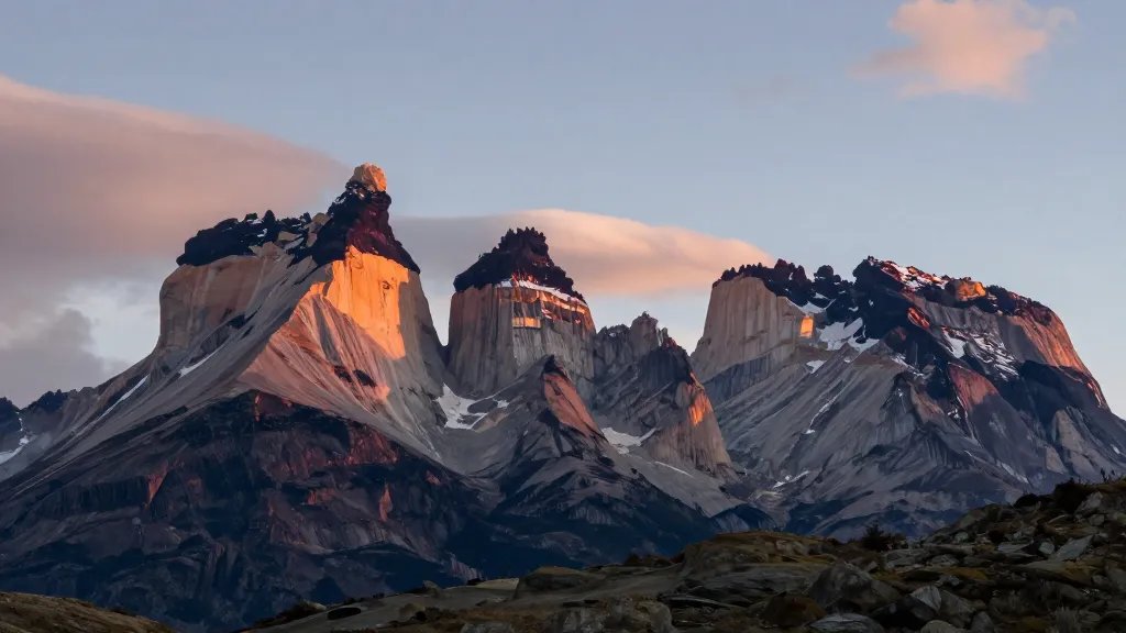 Distant view of Torres del Paine granite towers at sunset