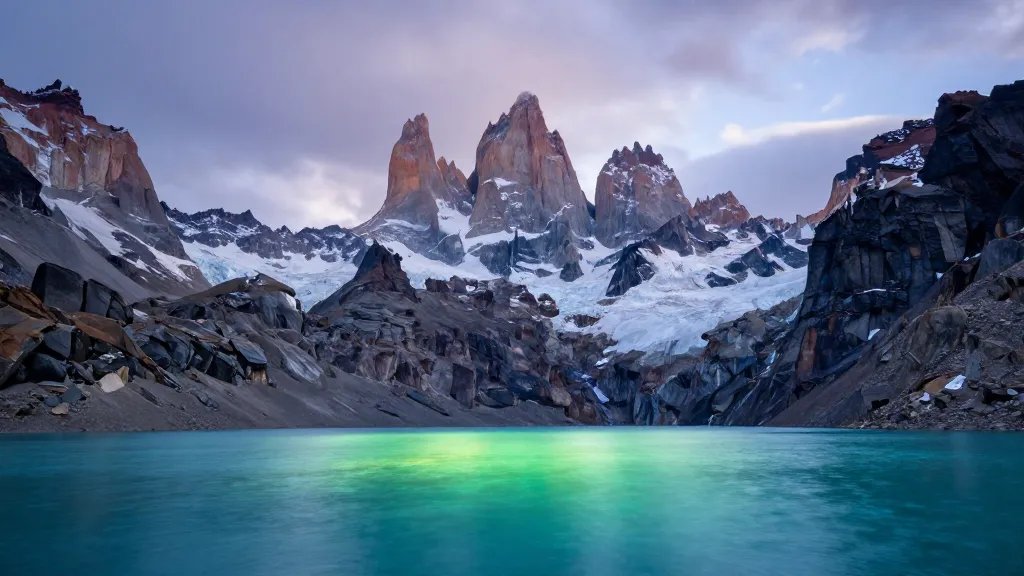 Glacial glow over turquoise lake beneath Torres del Paine peaks