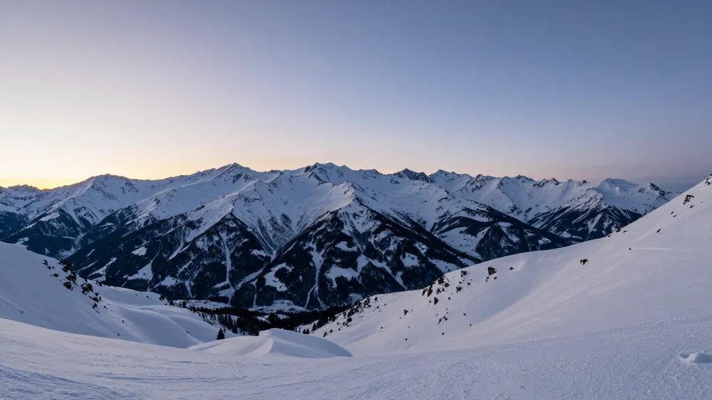 Distant dawn panorama of Whistler Blackcomb peaks, untouched powder