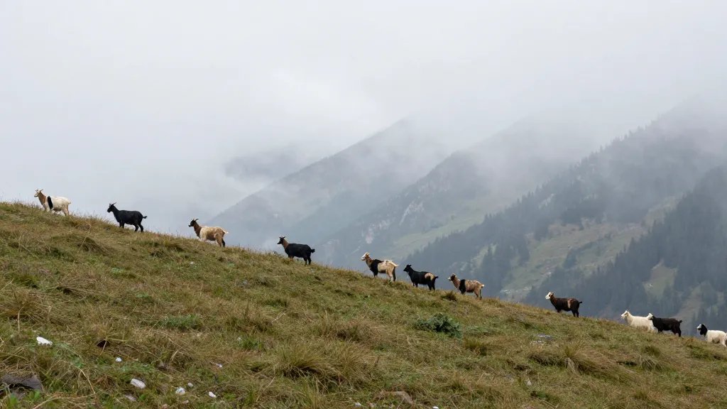 Panoramic goat-hill ridgeline view over Whistler Blackcomb, misty valley below