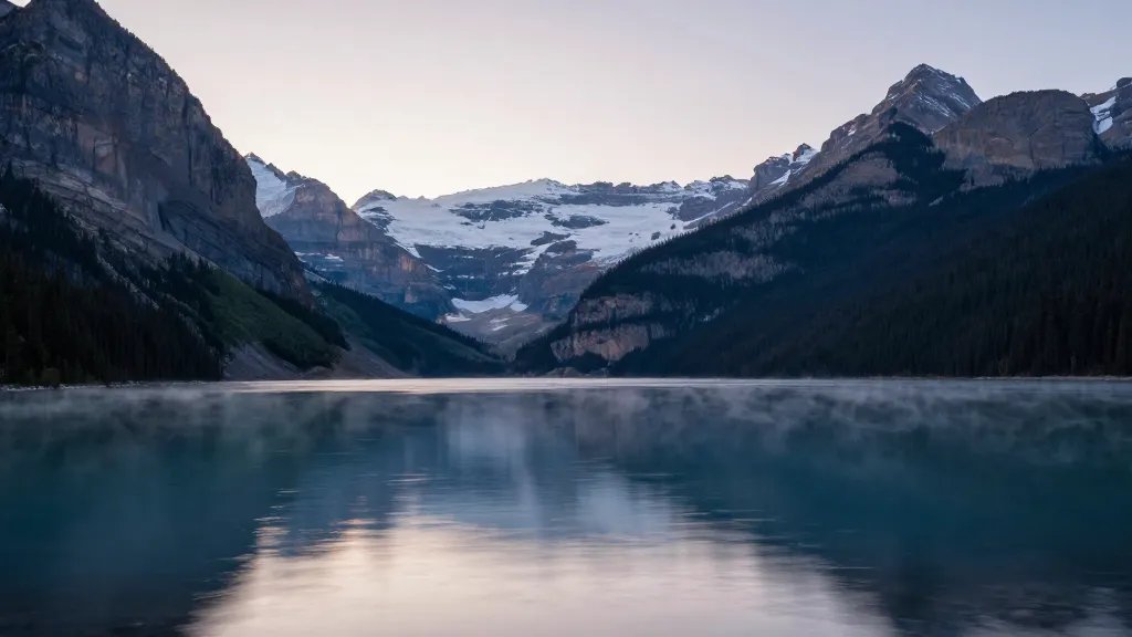 Distant dawn view of Lake Louise shoreline with glassy water and distant cathedral peaks