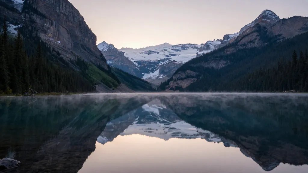 Quiet early-morning lake view of Lake Louise reflecting alpine pines and mountains