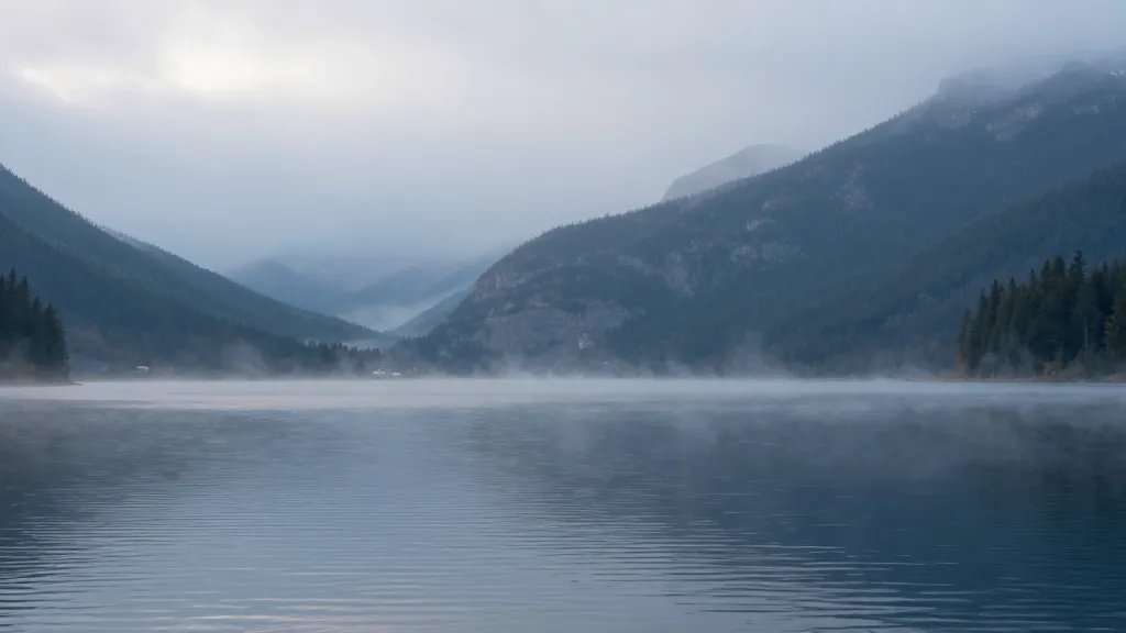 Distant tranquil lakeside panorama of Lake Louise without crowds, soft mist over water