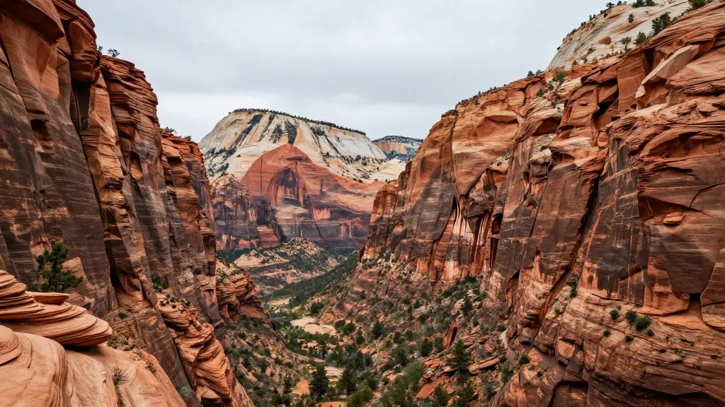 Remote distant view of Zion’s Narrows canyon walls rising