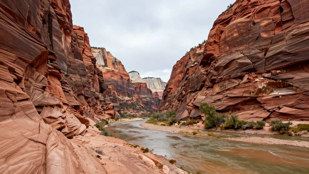 Wide-angle shot of Zion red canyon dramatic river gorge at distance