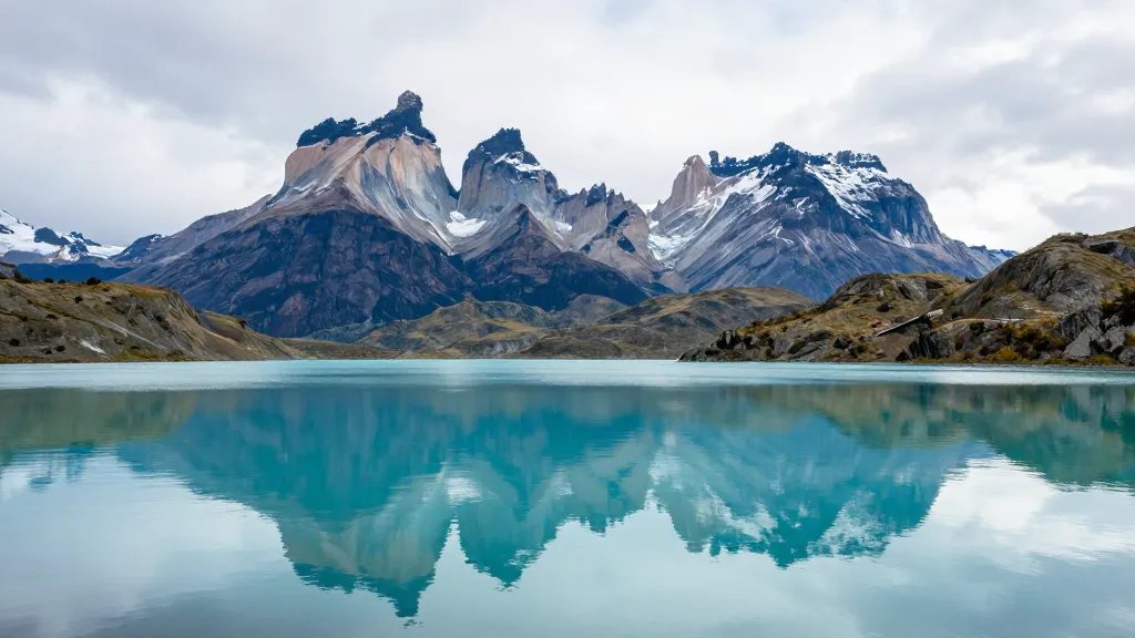 lone turquoise glacial lake reflecting mitten peaks in Torres del Paine