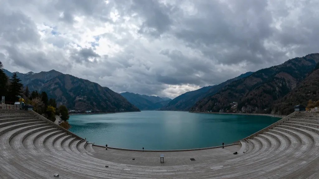 Wide, distant portrait of Emerald Lake Amphitheater against dramatic alpine clouds