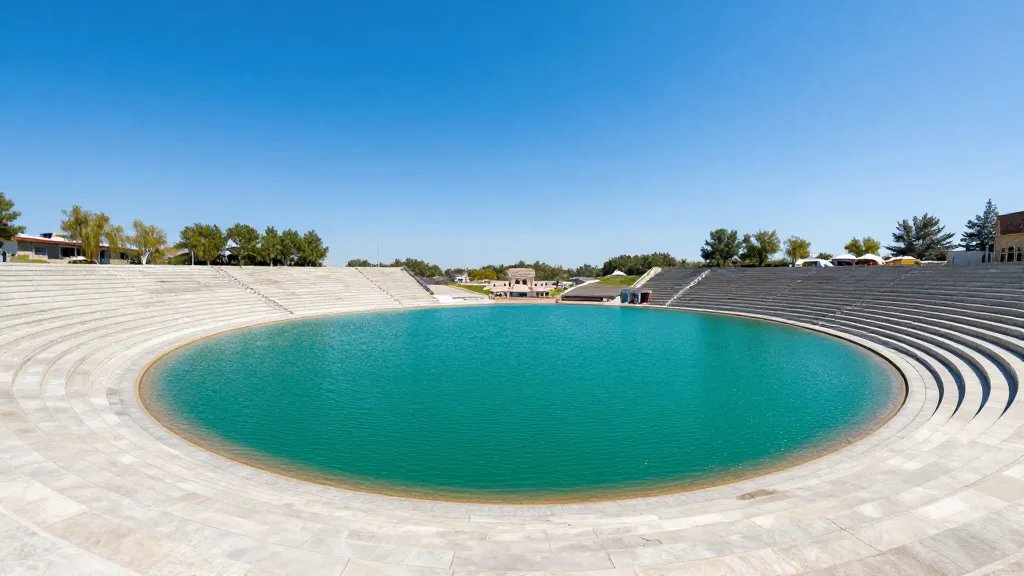 Expansive view of Emerald Lake Amphitheater with emerald shores under blue sky