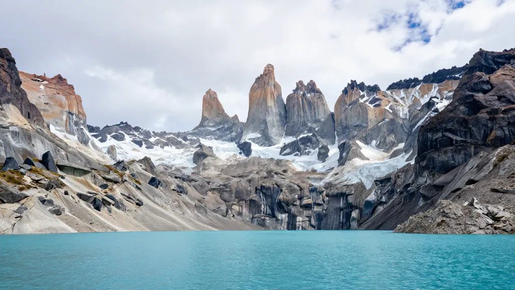 Distant view of Torres del Paine granite towers rising above turquoise glacial lake