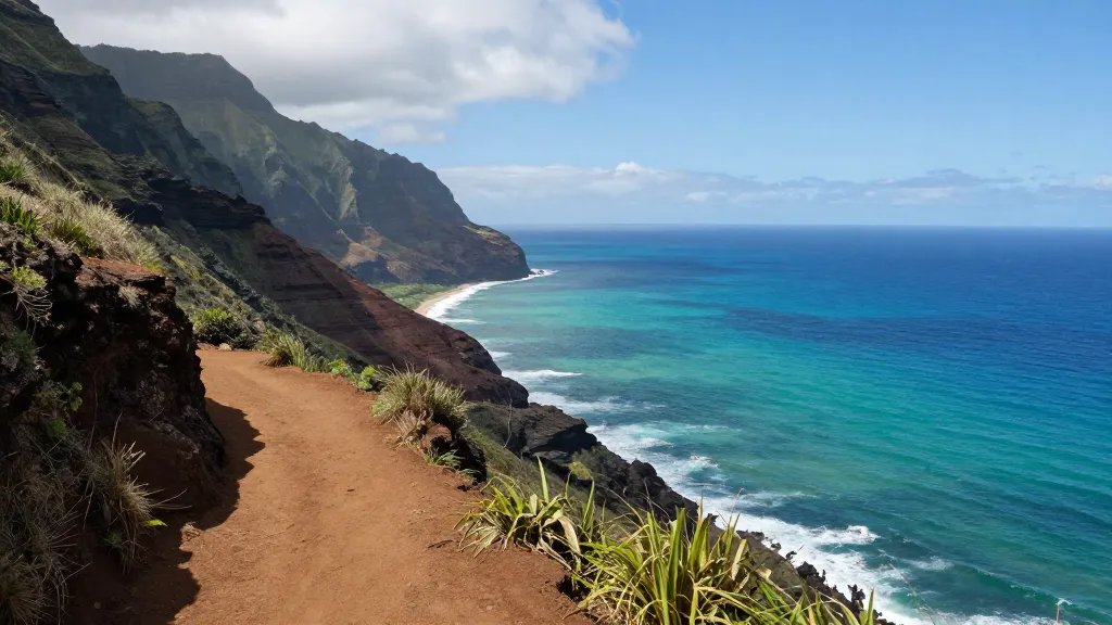 Distant cliffside Kalalau trail overlooking Na Pali coast and emerald ocean