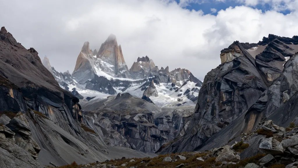 Distant panorama of Patagonian hanging valley with dramatic granite peaks and clouds