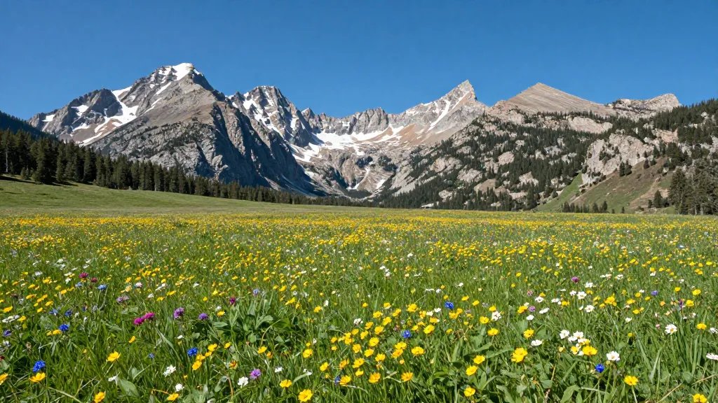 Distant shot of Rocky Mountain National Park alpine meadow in bloom