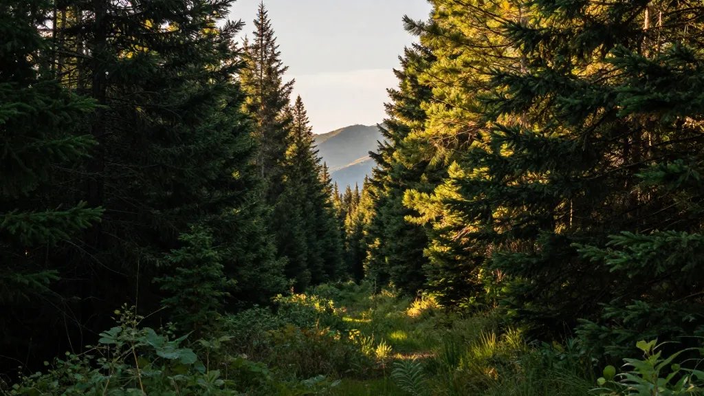Distant view of subalpine forest corridor in RMNP at golden hour