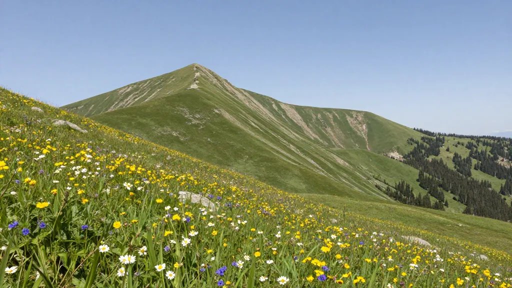 Distant panorama of high alpine ridge with wildflowers in bloom, RMNP