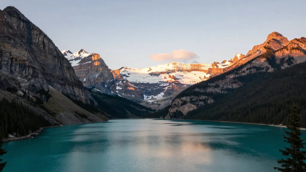 Distant view of Glacier Park emerald valley and glassy lake at golden hour